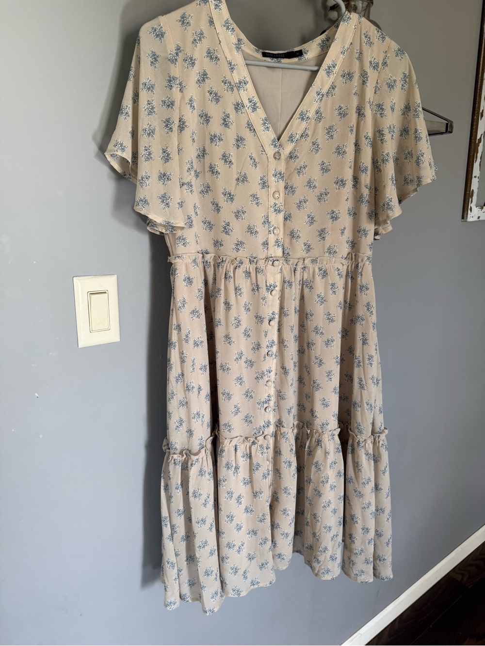 Roolee Cream Midi Dress with Blue Floral Print